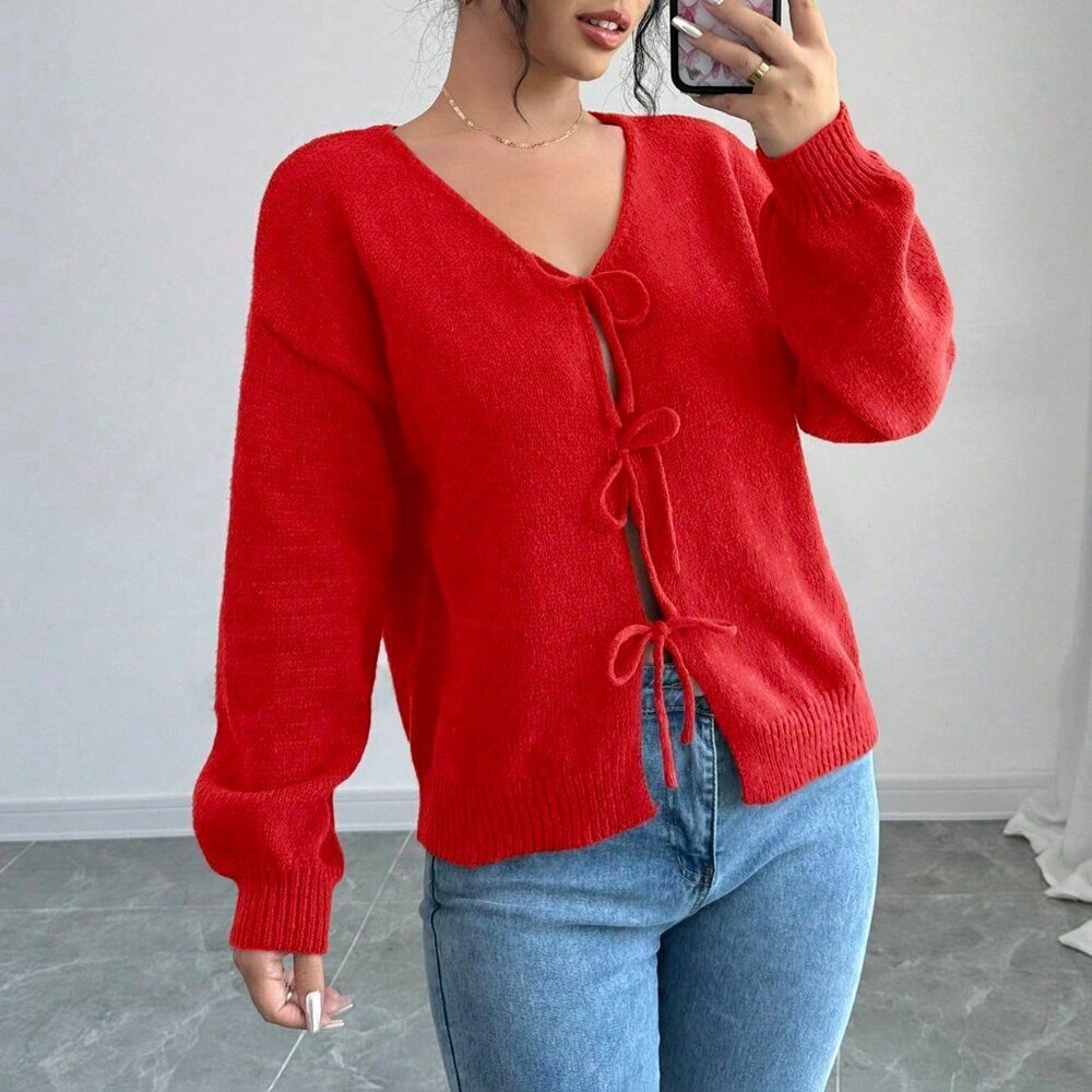 Red Casual Women's Front Tie Long Sleeve Blouse - Picture 3 of 6